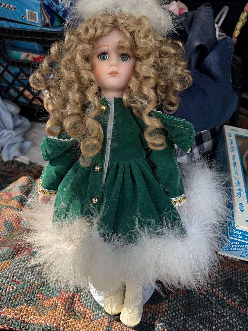 Green Velvet Holiday Porcelain Doll with Curly Hair